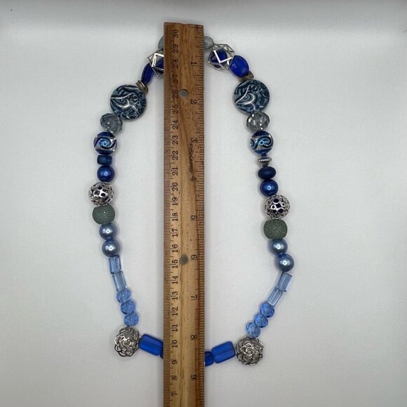 Handmade Blue tones Necklace Glass Faux Pearl and Ceramic - Picture 3 of 4
